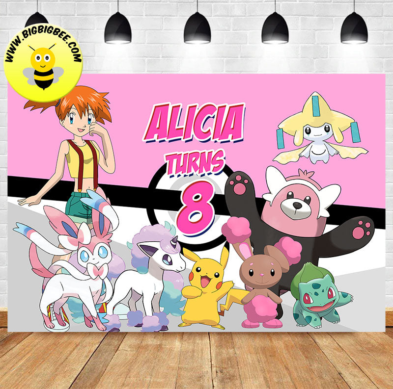 Custom Pokemon Pikachu Misty  Pink Birthday Banner Backdrop