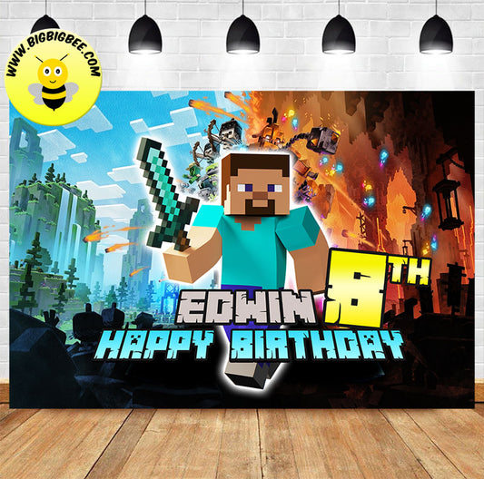 Custom Minecraft Game Steve Ender Alex Theme Birthday Backdrop Banner Deliver to USA UK Australia Canada