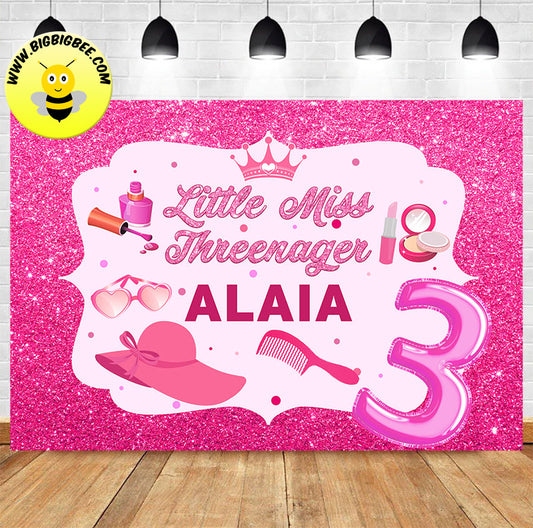 Custom Little Miss Threenager Three 3rd Pink Theme Birthday Backdrop