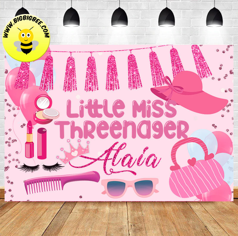 Custom Little Miss Threenager Three 3rd Pink Theme Birthday Backdrop