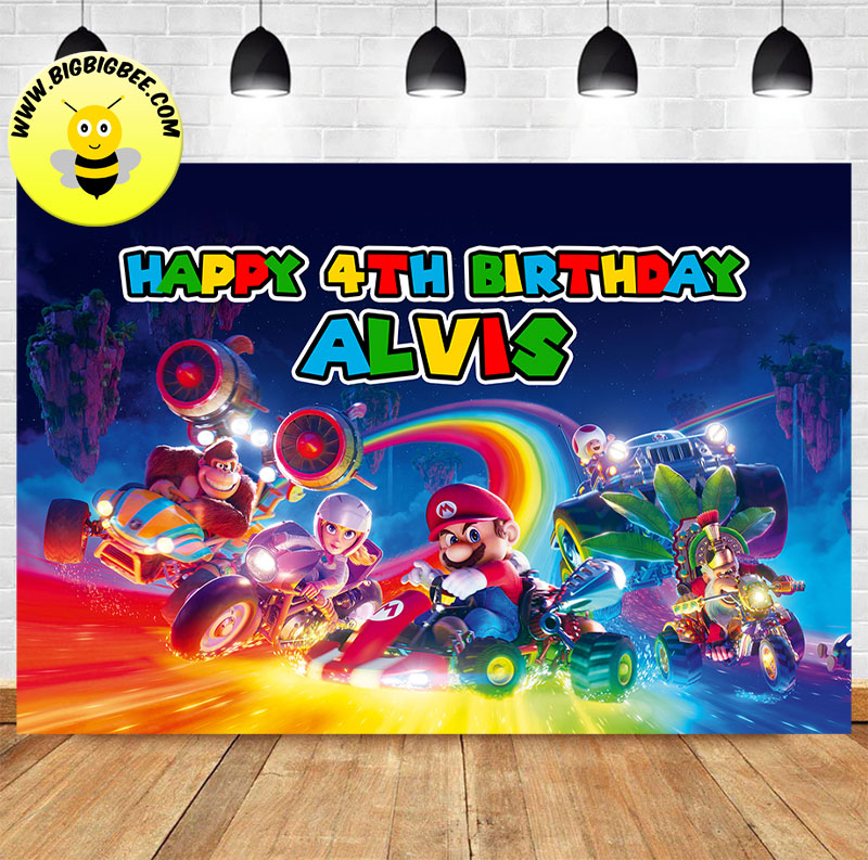 Custom Super Mario Bros Supermario & Friends Kart Theme Birthday Backdrop Banner