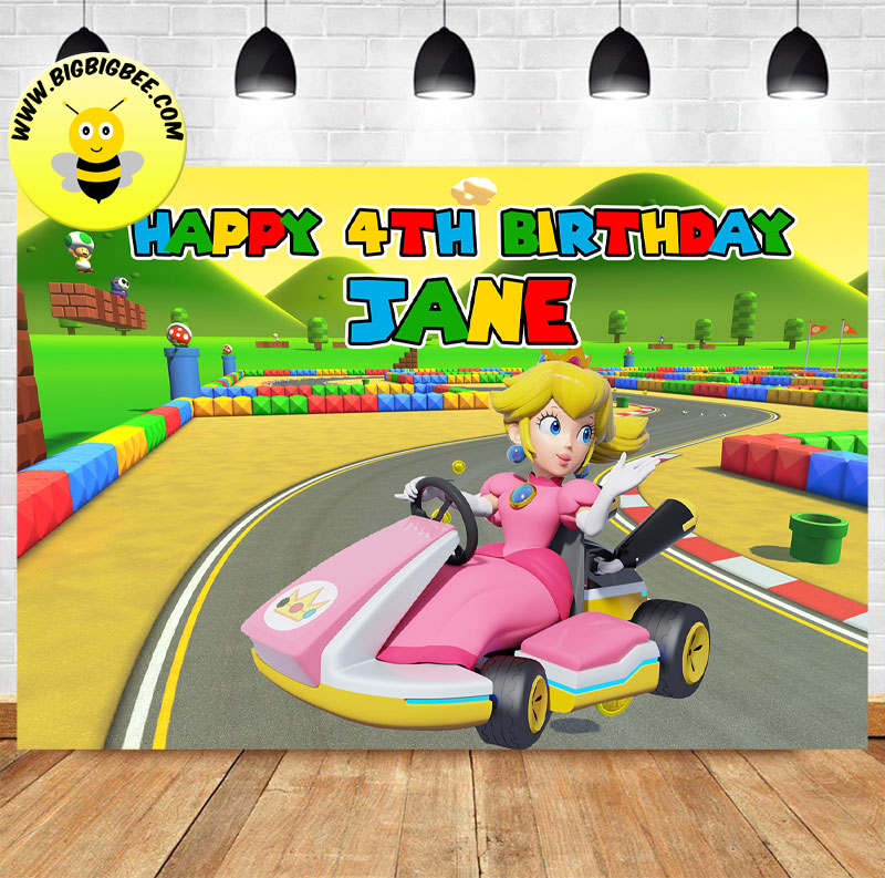 Custom Super Mario Bros Supermario Princess Peach Kart Theme Birthday Backdrop Banner