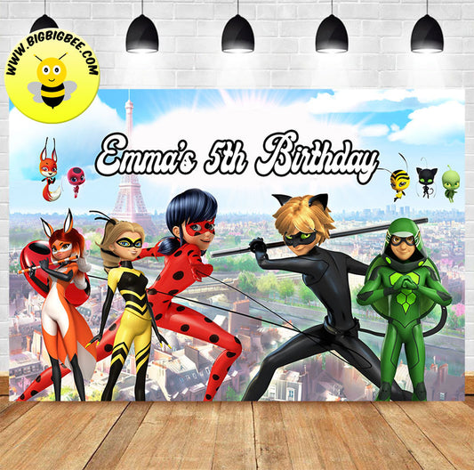 Custom Miraculous Tales of Ladybug & Cat Noir Theme Birthday Backdrop Banner