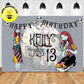 Custom The Nightmare Before Christmas birthday banner featuring Sally, with gothic Halloween-style artwork, dark whimsical colors, and personalized birthday text for a themed celebration.