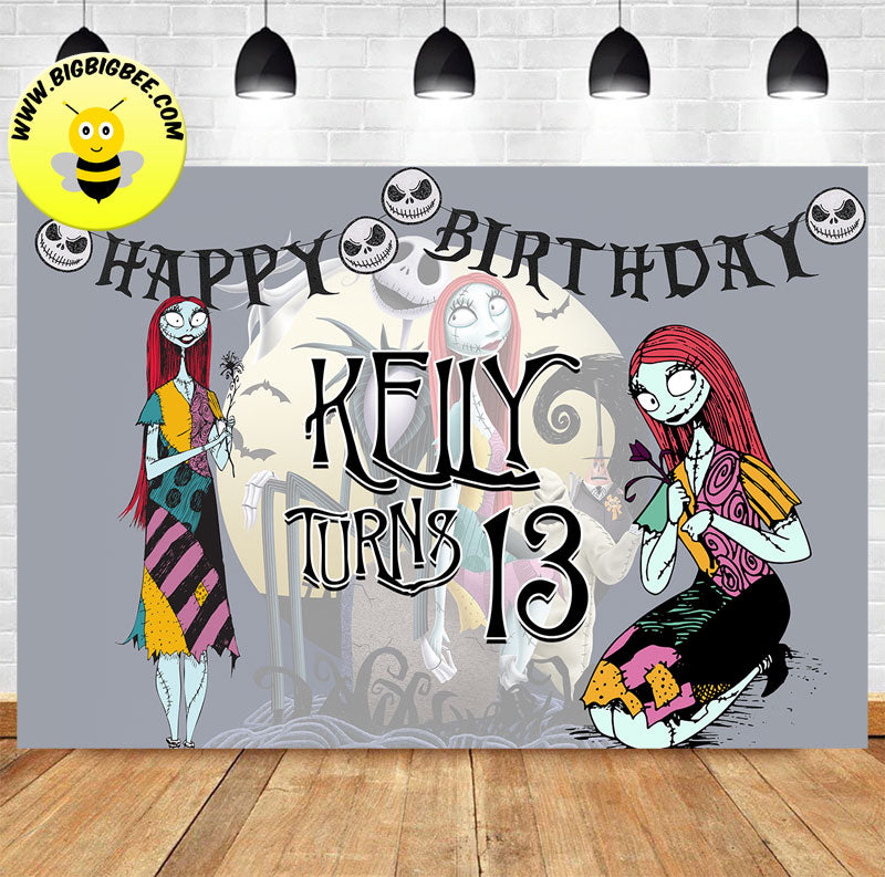 Custom The Nightmare Before Christmas birthday banner featuring Sally, with gothic Halloween-style artwork, dark whimsical colors, and personalized birthday text for a themed celebration.