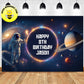 Custom space-themed birthday backdrop banner featuring an astronaut floating among stars and planets, with a galaxy background and personalized birthday text for a birthday celebration.