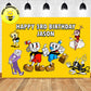 A personalized Cuphead-themed 3rd birthday party backdrop banner.The banner features a bright yellow sunburst background with customised name and various cartoon characters from the Cuphead game.
