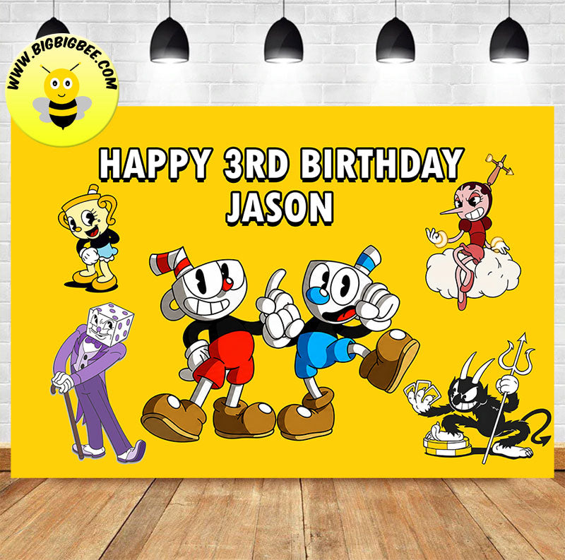 A personalized Cuphead-themed 3rd birthday party backdrop banner.The banner features a bright yellow sunburst background with customised name and various cartoon characters from the Cuphead game.