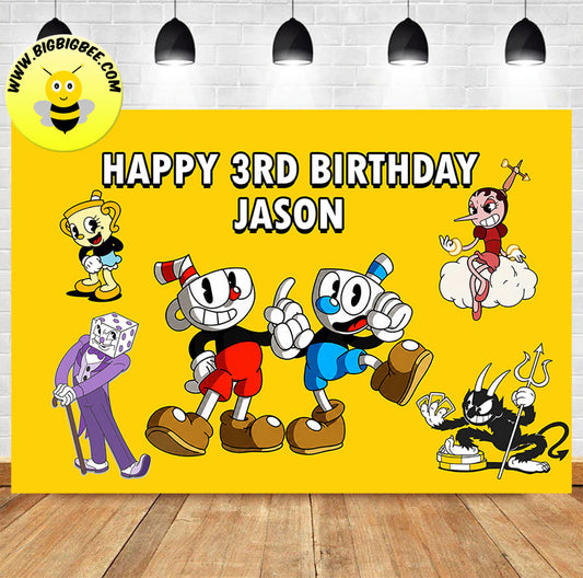 A personalized Cuphead-themed 3rd birthday party backdrop banner.The banner features a bright yellow sunburst background with customised name and various cartoon characters from the Cuphead game.