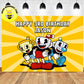 A personalized Cuphead-themed 3rd birthday party backdrop banner.The banner features a bright yellow sunburst background with customised name and various cartoon characters from the Cuphead game.