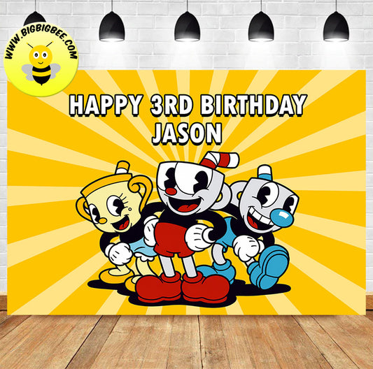 A personalized Cuphead-themed 3rd birthday party backdrop banner.The banner features a bright yellow sunburst background with customised name and various cartoon characters from the Cuphead game.
