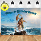 A large custom birthday backdrop banner featuring Moana and Kiwi from Moana Prinsje standing on ocean waves, with the custom text across the top.