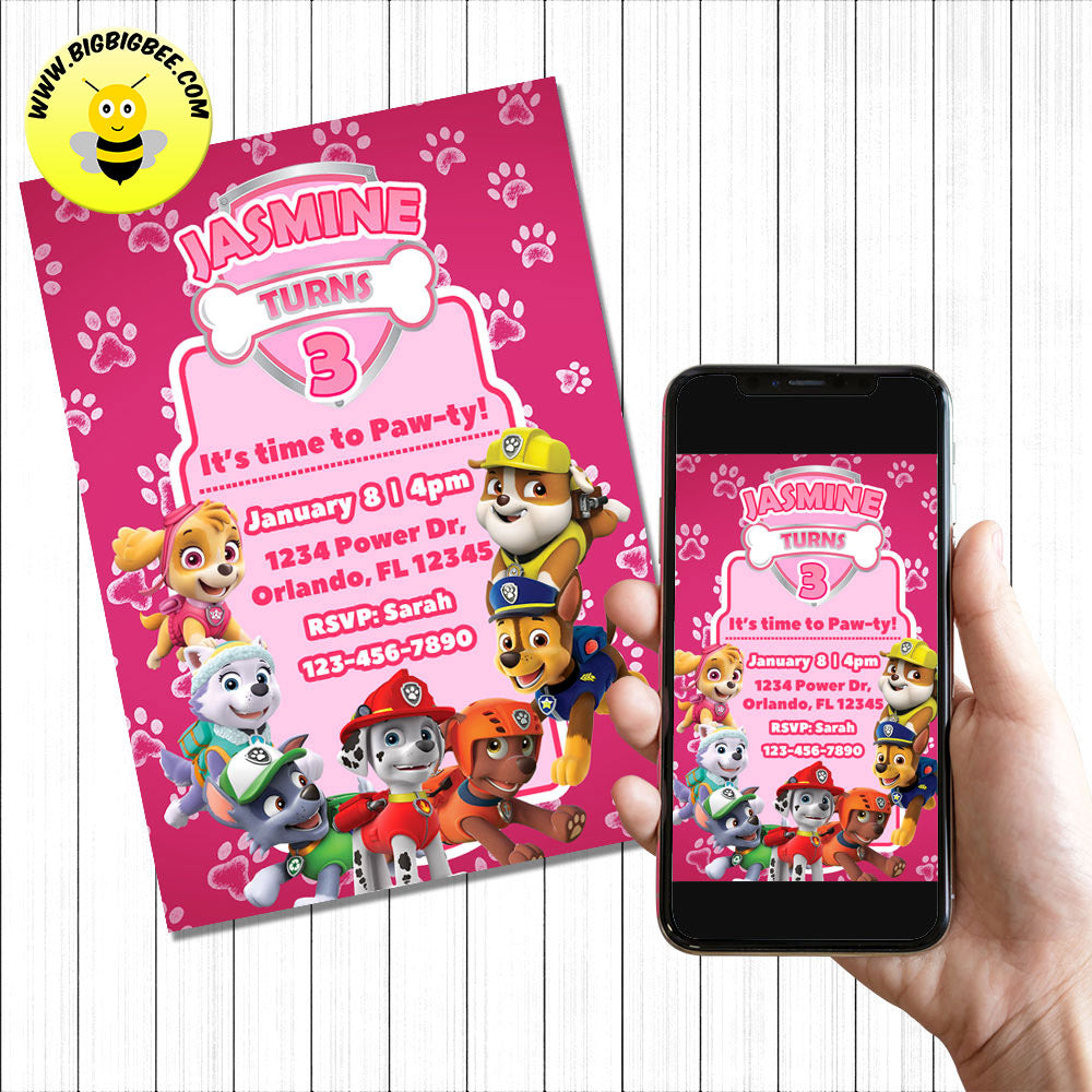 Pink PAW Patrol Invitation Digital Invitation Birthday Printable Card