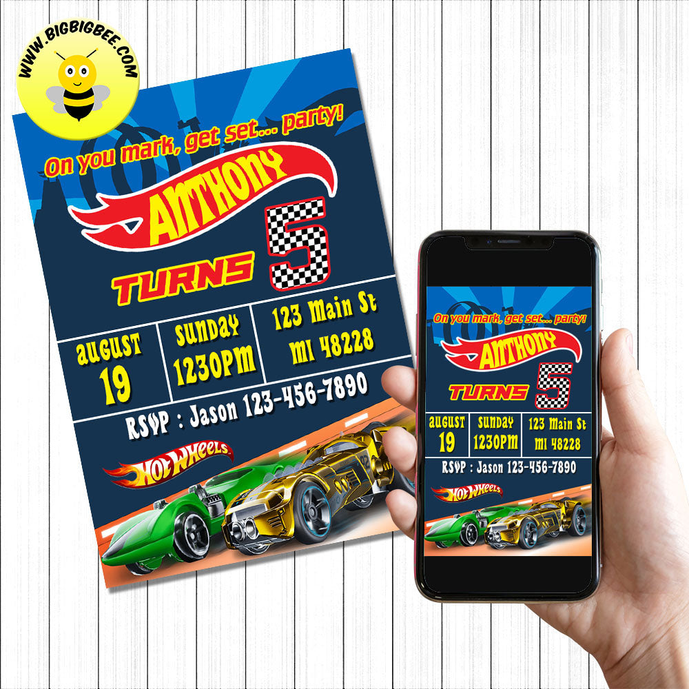 Hot Wheels Digital Invitation Birthday Printable Card