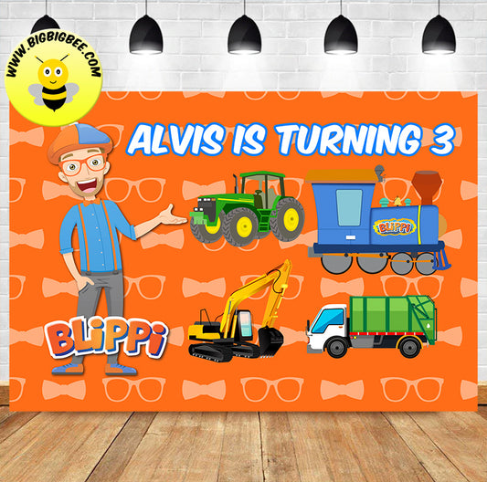 Custom Blippi Tractor Train Excavator Orange Theme Birthday Backdrop Banner