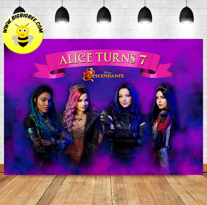 Custom Disney Descendants 3 Mal Evie Purple Theme Birthday Banner Backdrop Deliver to USA UK Australia Canada