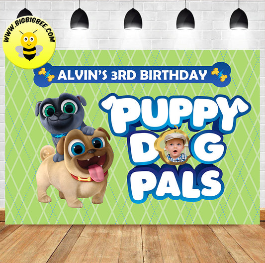 Custom Puppy Dog Pals with Baby Picture Green Theme Birthday Backdrop Banner