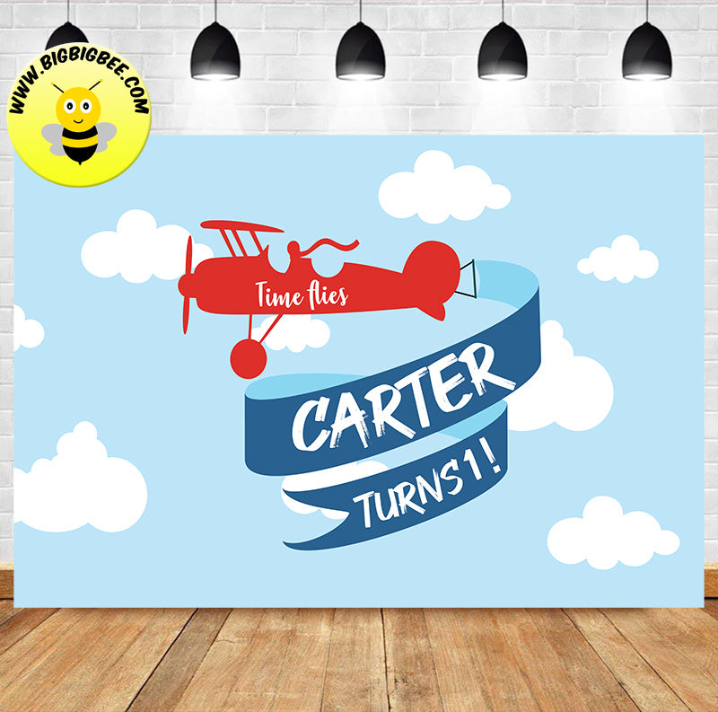 Custom Time Flies Airplane Blue Sky White Cloud Birthday Backdrop Banner