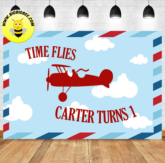 Custom Time Flies Envelope Style Plane Blue Sky Theme Birthday Backdrop Banner