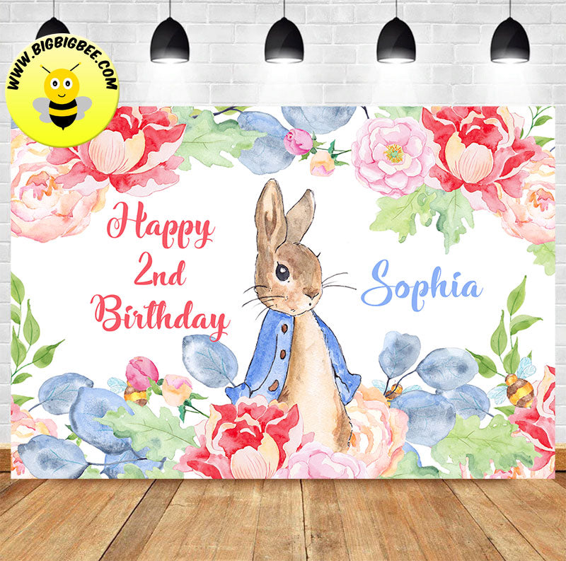 Custom Peter Rabbit Pink Flower Floral Theme Birthday Backdrop Banner