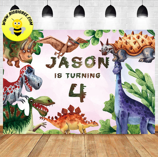 Custom Watercolor Dinosaur T.rex Theme Birthday Backrop Banner. Deliver to USA UK Australia Canada