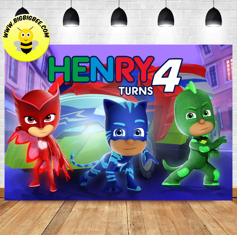 Custom PJ Masks Owlette Gekko Connor Catboy Theme Birthday Banner Backdrop