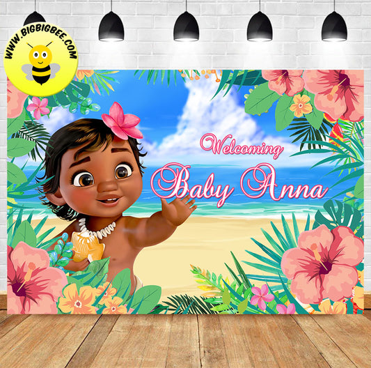 Custom Disney Baby Moana Floral Theme Welcoming Baby Shower Backdrop Banner