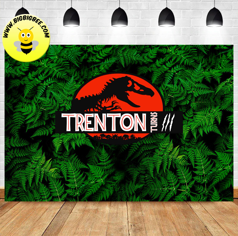 Custom Jurassic World Dinosaur Logo Green Leaves Wall Theme Backdrop Banner Deliver to USA UK Australia Canada