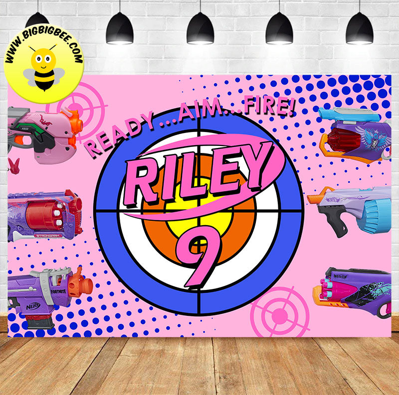 Custom Nerf Blaster Gun Shoot Target Pink Girl Theme Birthday Backdrop Banner