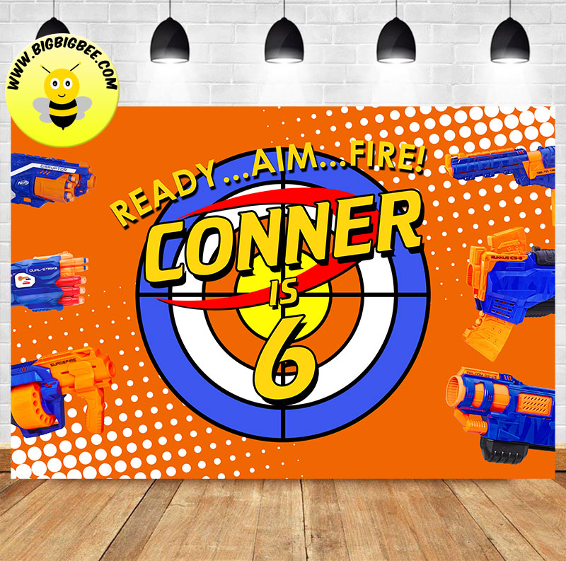 Custom Nerf Blaster Gun Ready Aim Fire Orange Theme Birthday Backdrop