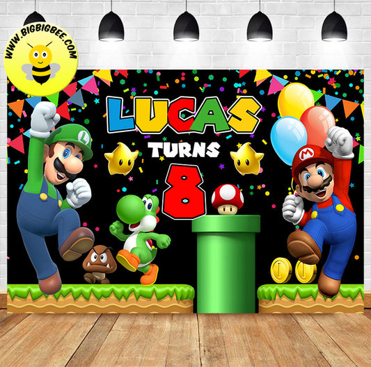 Custom Super Mario Bros Supermario Luigi Black Theme Birthday Backdrop Banner