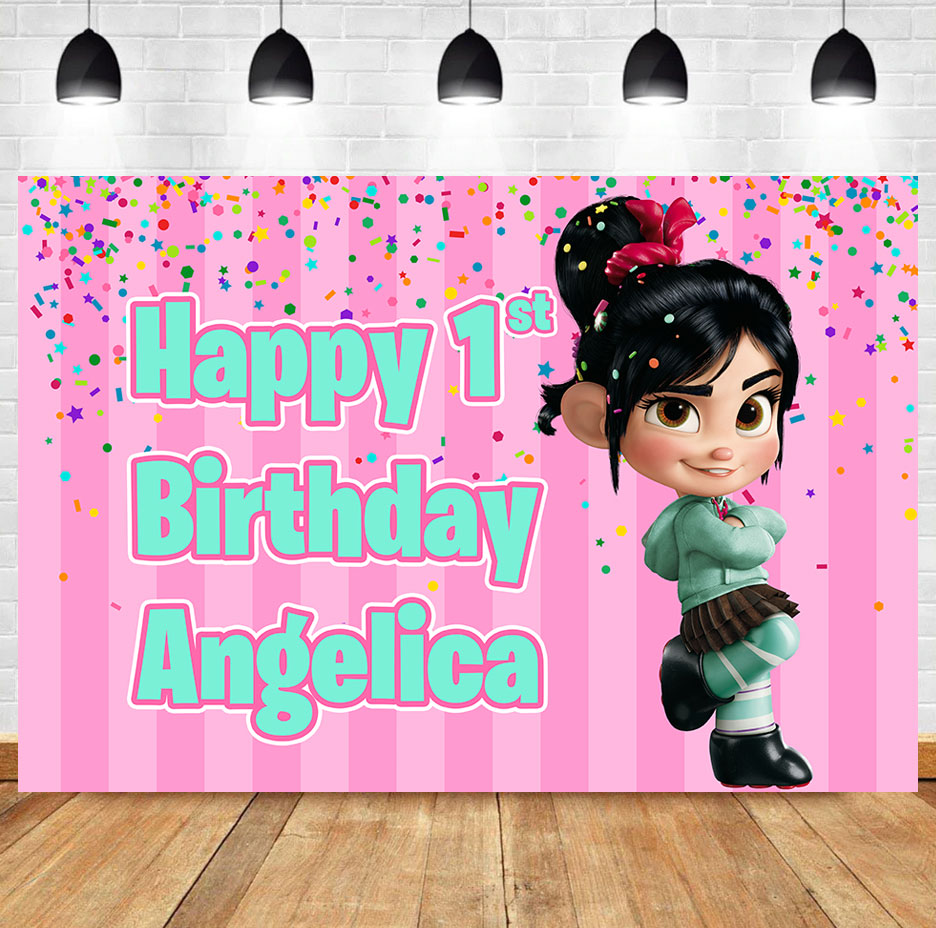 Custom Wreck-It Ralph Vanellope Pink Theme Birthday Backdrop Banner