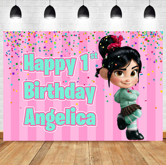 Custom Wreck-It Ralph Vanellope Pink Theme Birthday Backdrop Banner