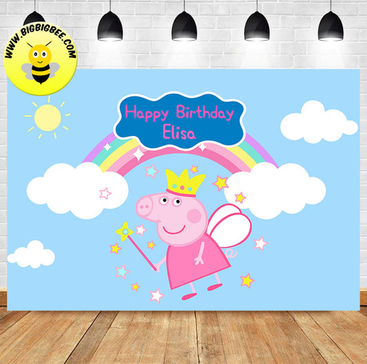 Custom Princess Peppa Pig Blue Sky Magic Wand Rainbow Birthday Banner Backdrop
