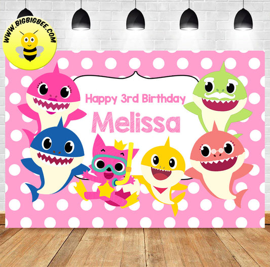 Custom Pinkfong Baby Shark Polka Dot Pink Theme Birthday Backdrop Banner