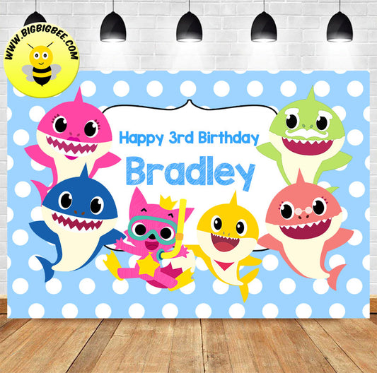 Custom Pinkfong Baby Shark Polka Dot Blue Theme Birthday Backdrop Banner