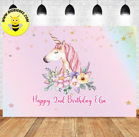 Custom Unicorn Flower Pink Theme Birthday Backdrop Banner