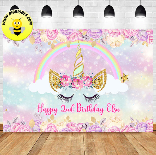 Custom Watercolor Unicorn Face Rainbow Floral Theme Birthday Backdrop Banner
