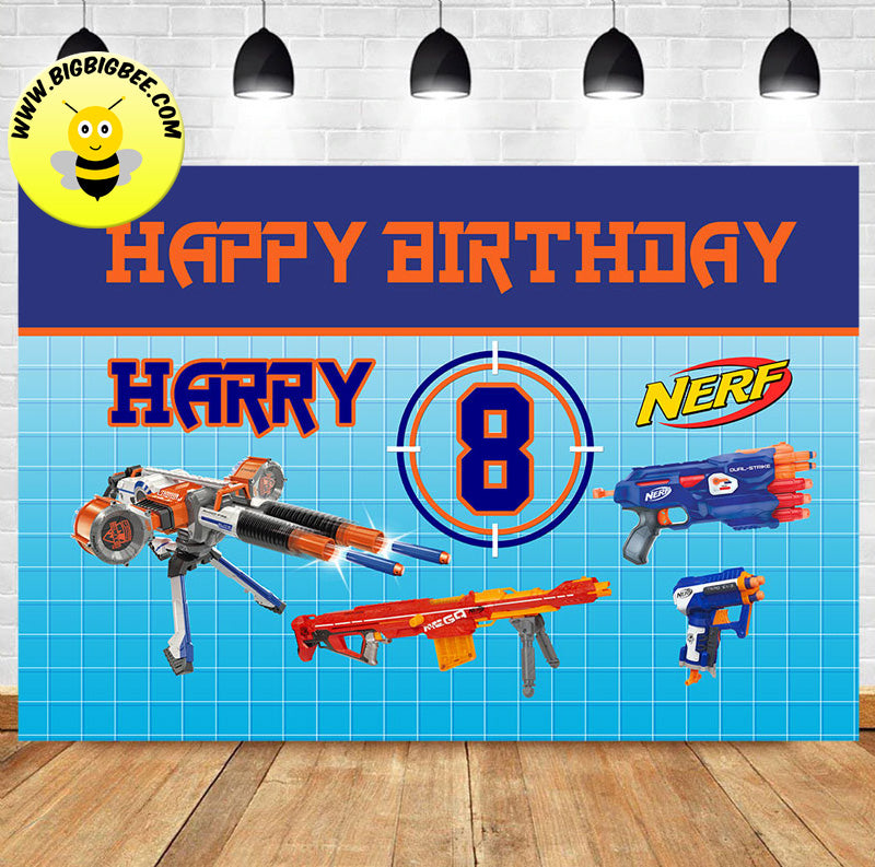 Custom Nerf Blaster Gun Blue Theme Birthday Backdrop Banner