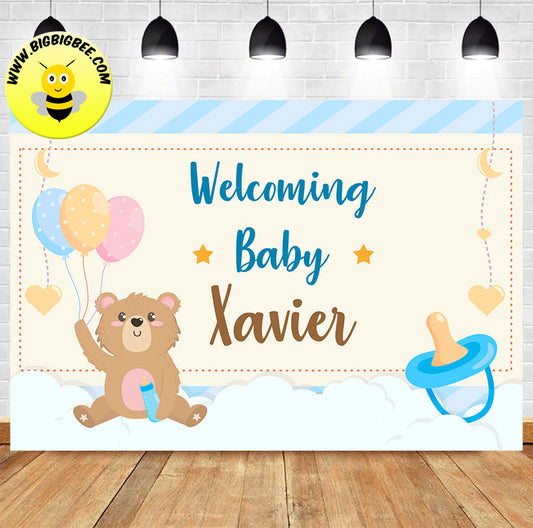 Custom Cute Teddy Bear Pacifier Balloon Theme Welcoming Baby Backdrop Banner
