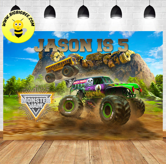 Custom Monster Jam Truck Grave Digger Theme Birthday Backdrop Banner Deliver to USA UK Australia Canada