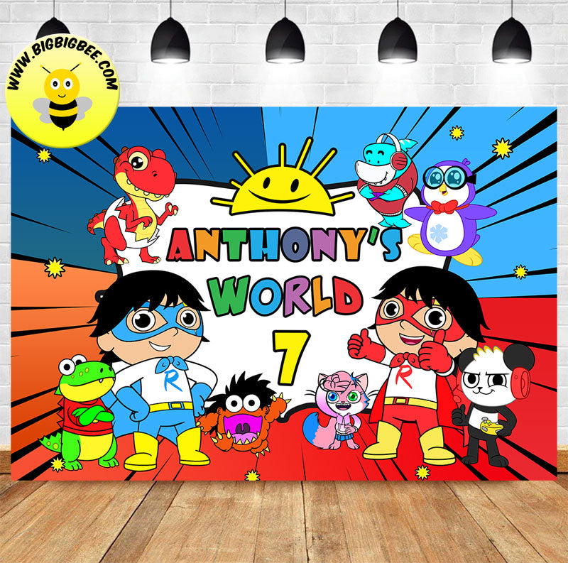 Custom Ryan's World Theme Blue Red Titan Gus Combo Panda Birthday Banner Backdrop