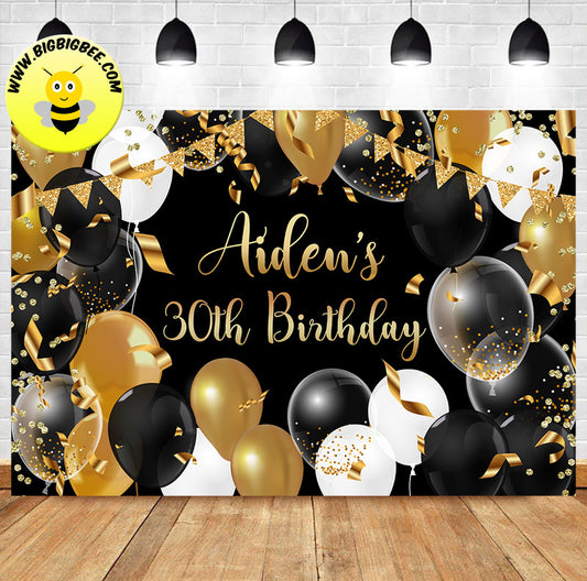 Custom Gold Black White Balloon Confetti Theme Birthday Backdrop Banner Deliver to USA UK Australia Canada