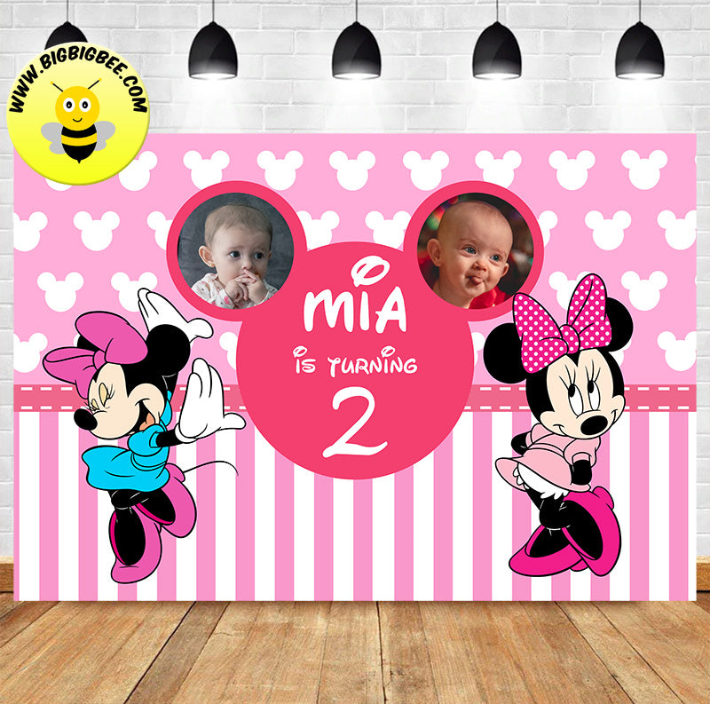 Custom Pink Minnie Mouse with Baby Picture Theme Birthday Backdrop