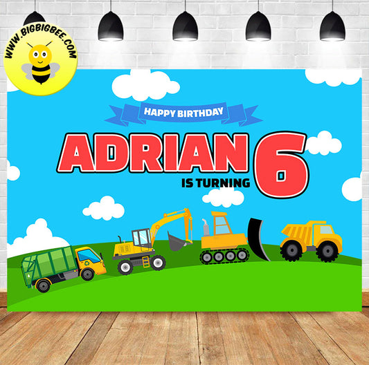 Custom Excavator Dump Truck Front Loader Forklift Birthday Backdrop Banner