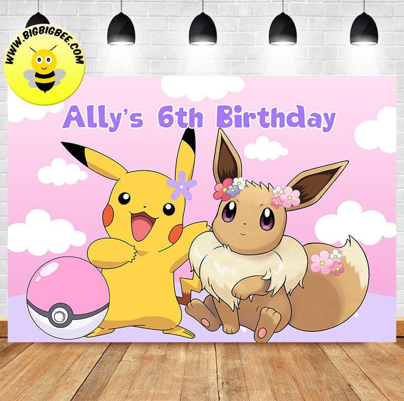 Custom Pokemon Eevee Pink Theme Birthday Backdrop Banner