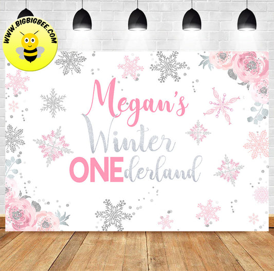 Custom Winter Wonderland Pink Theme Birthday Backdrop Banner