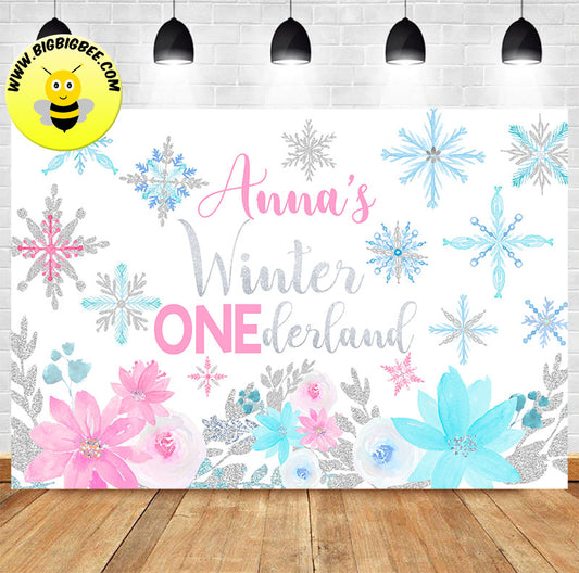 Custom Winter Wonderland Pink Blue Theme Birthday Backdrop Banner