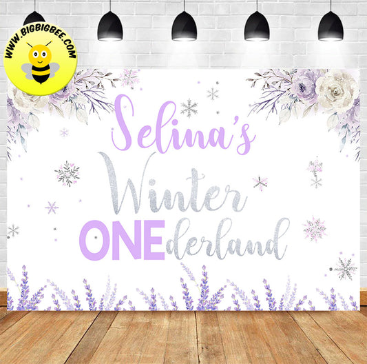 Custom Winter Wonderland Purple Theme Birthday Backdrop Banner