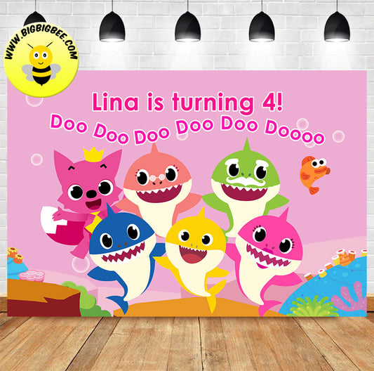 Custom Pinkfong Baby Shark Doo Doo Doo Pink Color Theme Birthday Backdrop Banner